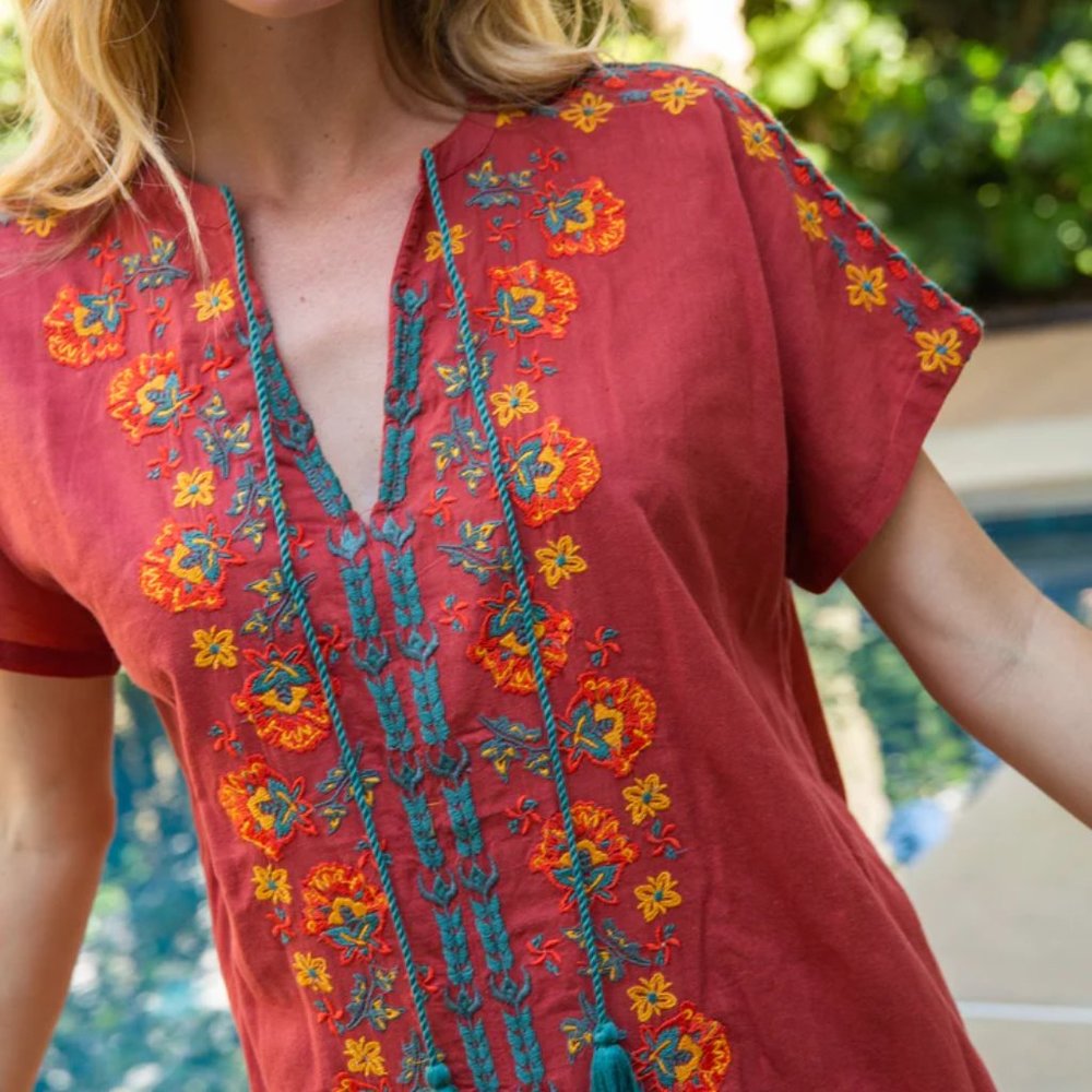 Natural Life Embroidered Tassel Boho Mini Dress In Orange & Blue Size XS NWT - Picture 3 of 14